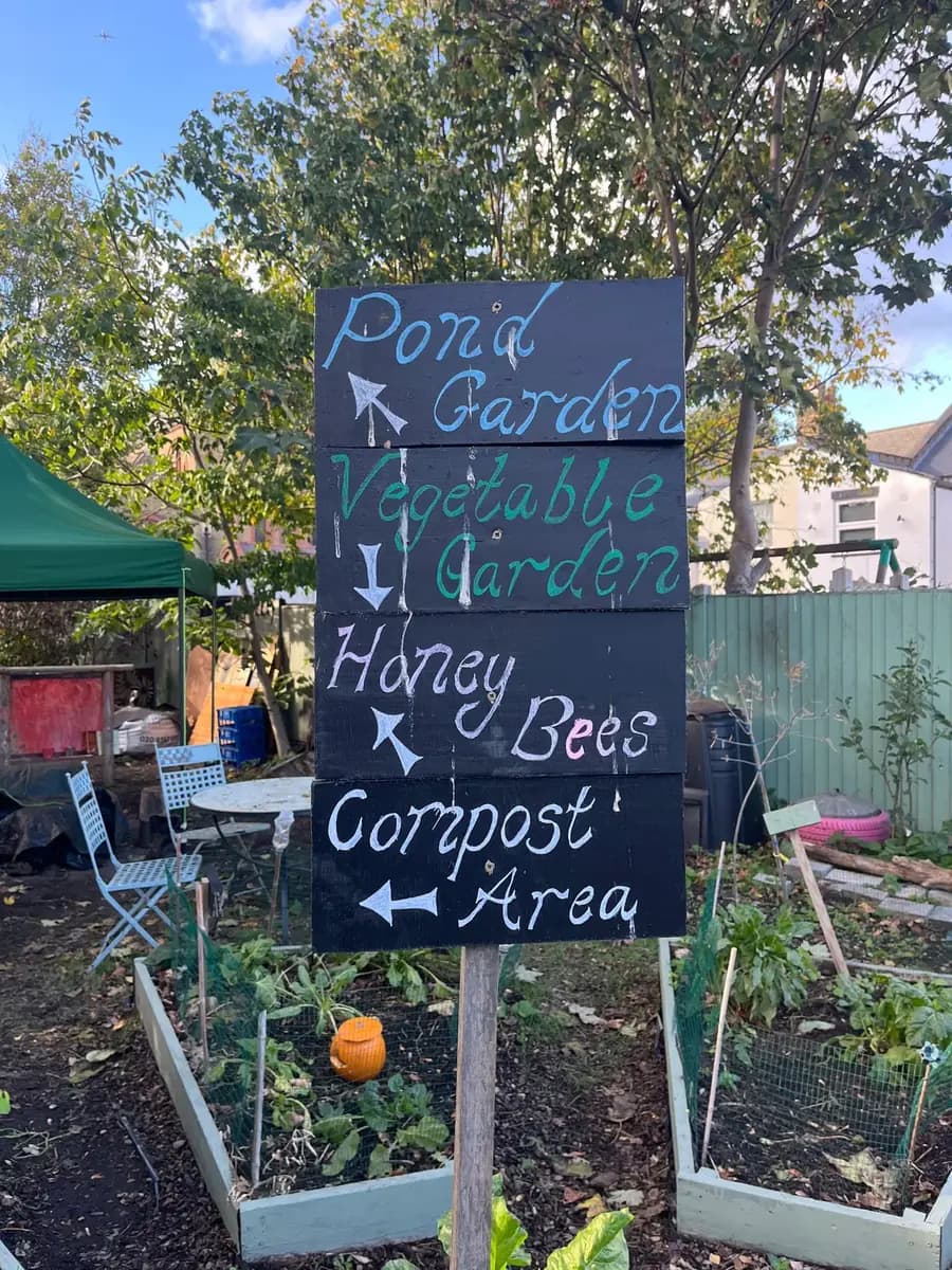 A chalk signpost pointing to the pond garden, vegetable garden, honey bees and compost area