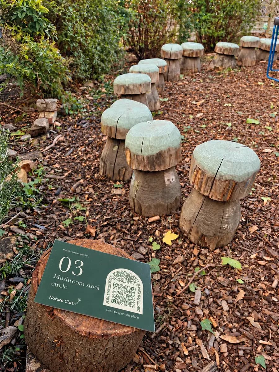 Sign 03 beside carved mushroom stools