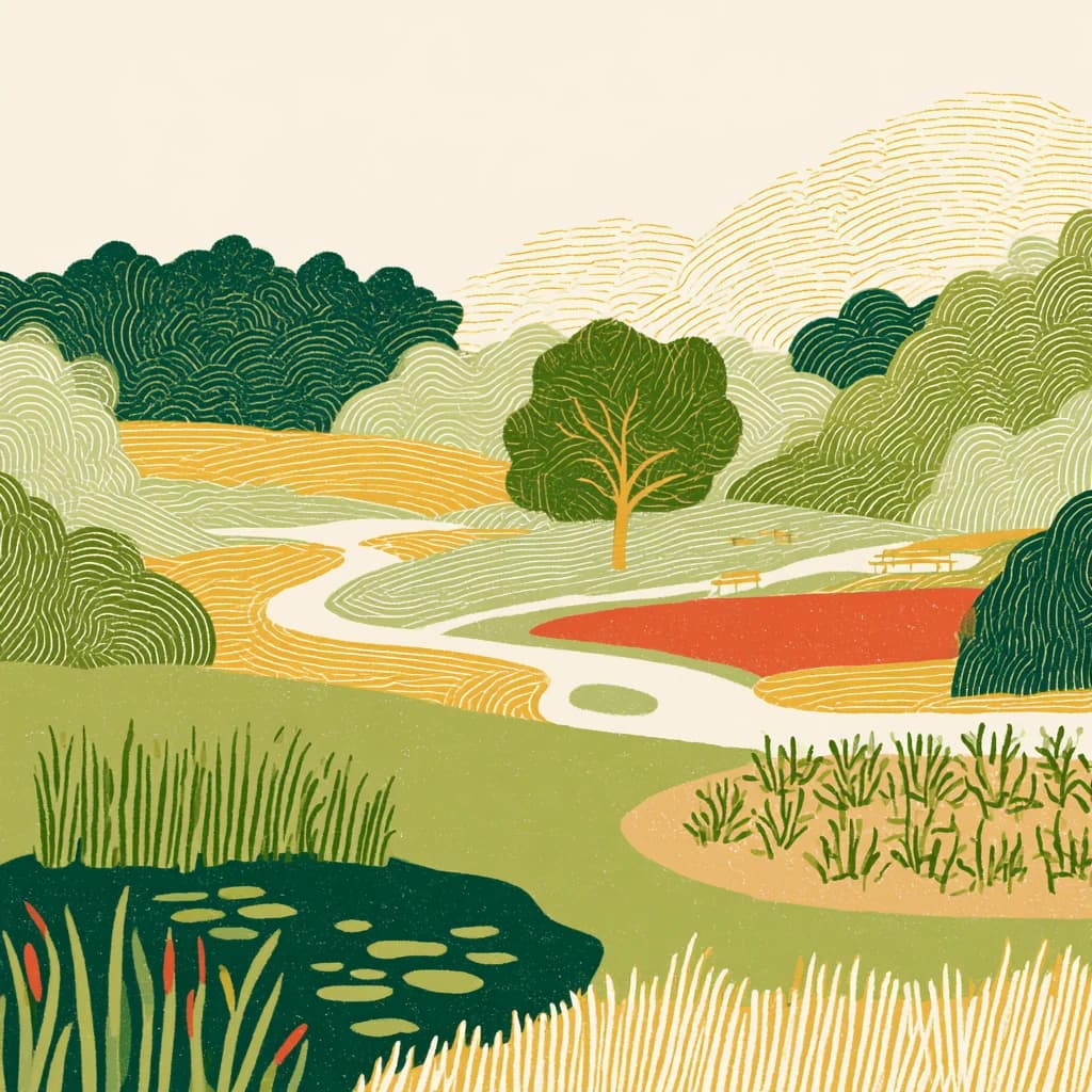 Illustrated landscape with a pond, trails and places to explore.