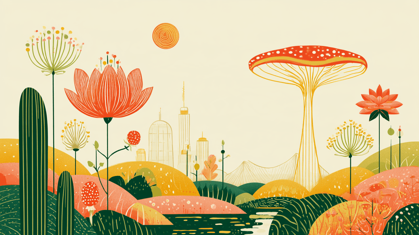 Illustrated landscape with flowers, mushrooms and green hills surrounding a city and bridge.