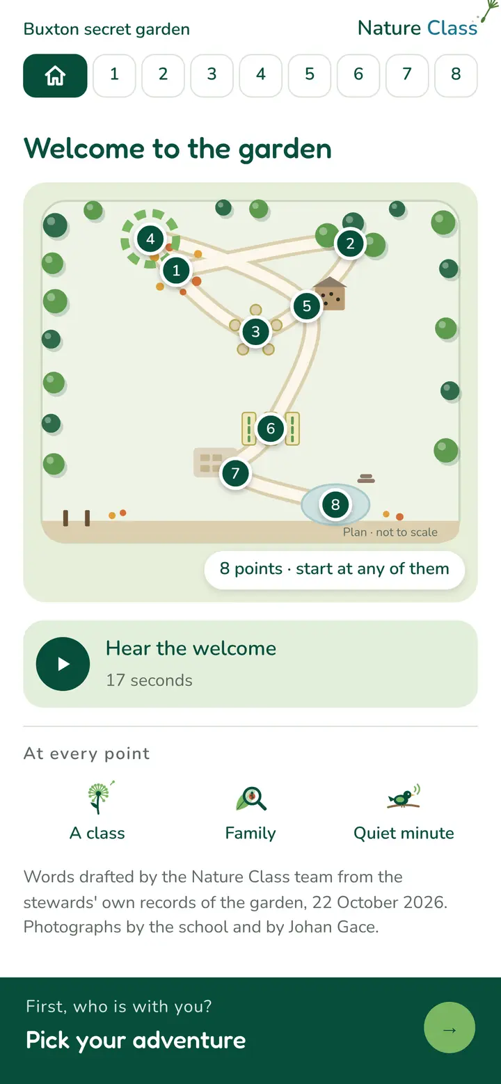 Phone screen: Welcome to the garden, a plan with eight numbered points