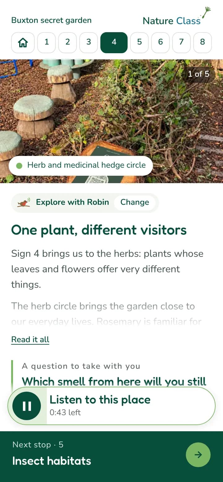 Phone screen at the herb and medicinal hedge circle, with Robin playing