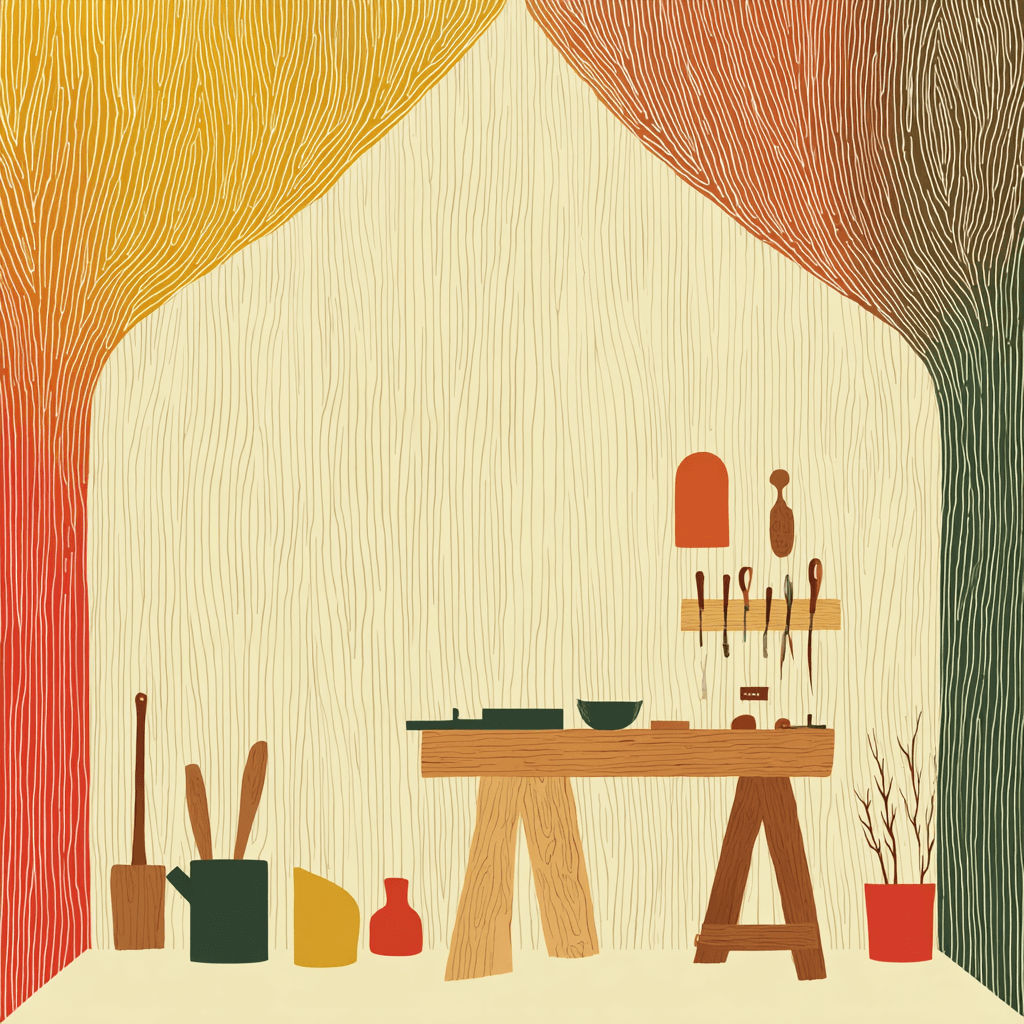 Illustration of a workbench with hand tools laid out