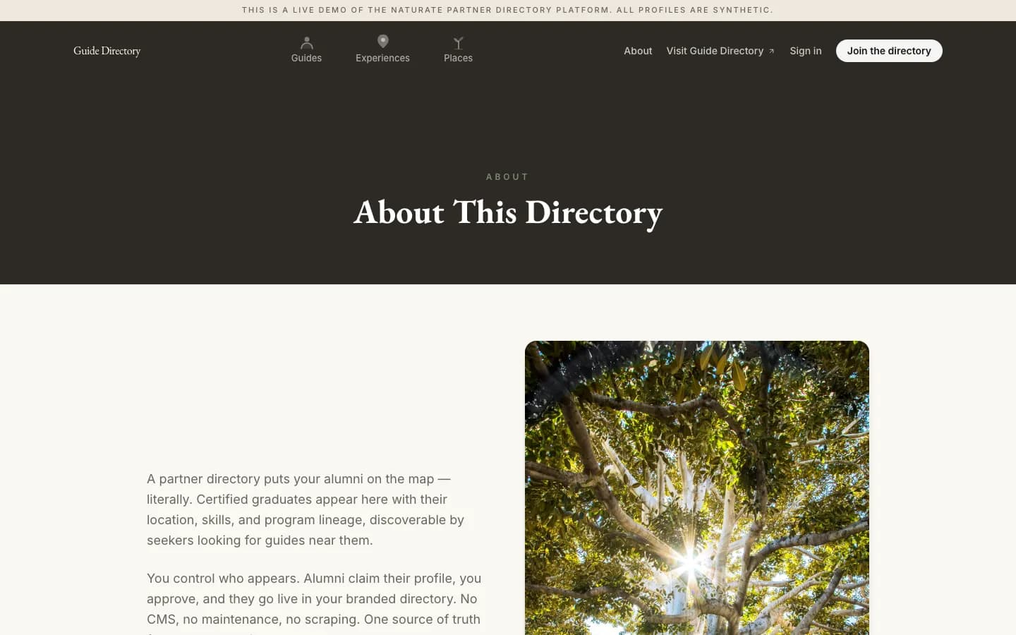 The demo directory's about page, explaining that a partner approves each graduate before they appear, beside a photo looking up into a tree canopy.