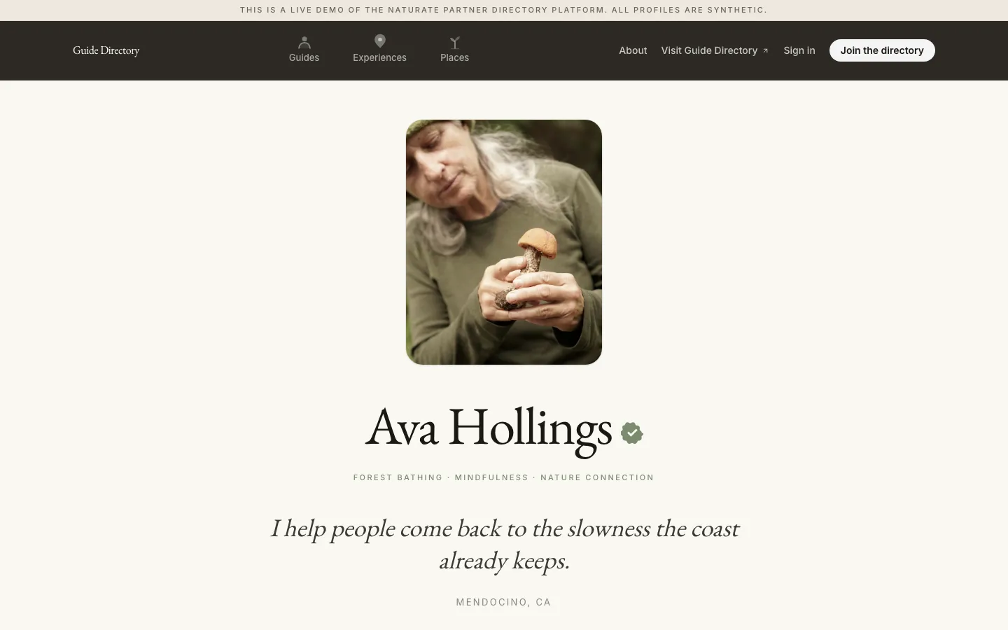 A guide profile in the demo directory: Ava Hollings with a verified badge, her practices of forest bathing, mindfulness and nature connection, and her location in Mendocino.