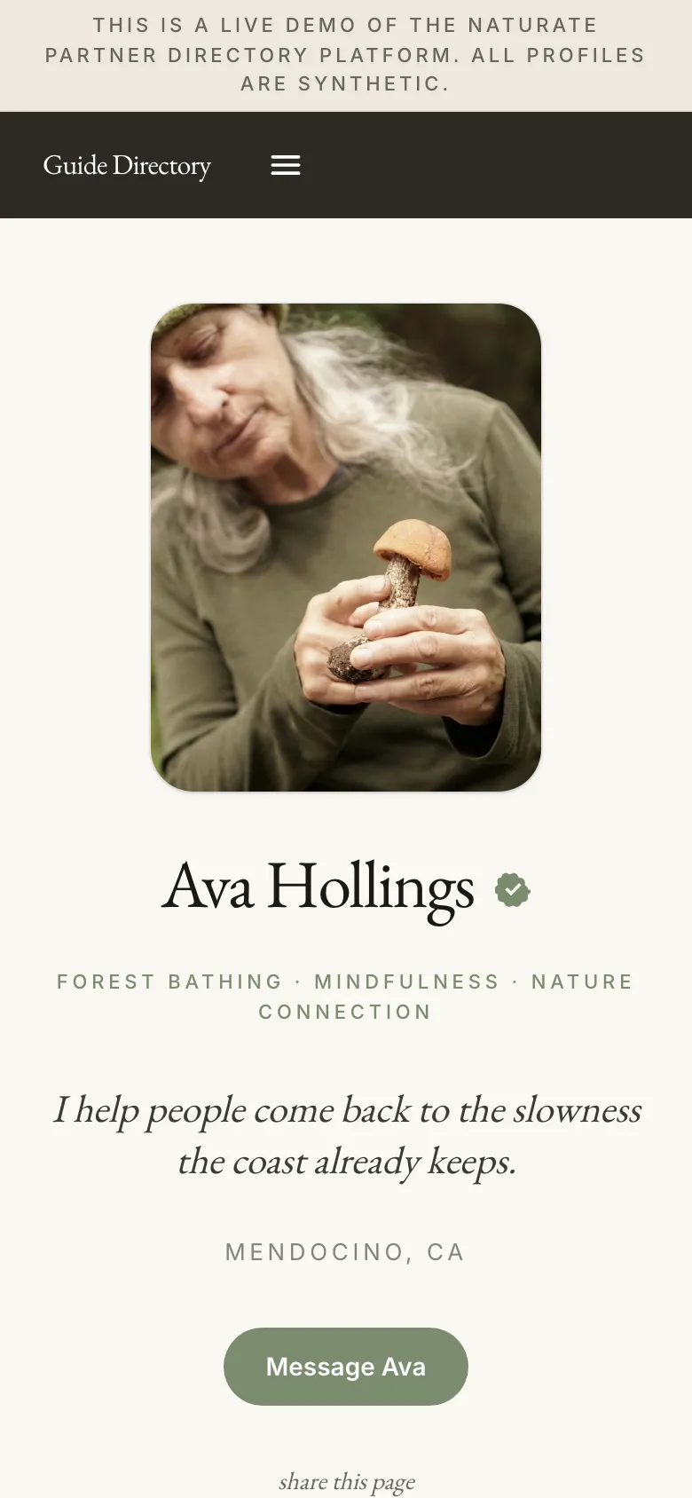 A practitioner profile on a phone: a photo of Ava Hollings holding a mushroom, her practices, her location in Mendocino and a Message Ava button.