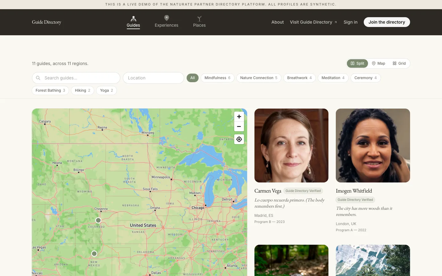 The demo partner directory home page: a map of guides beside photo cards, with filters for mindfulness, nature connection, breathwork, meditation and forest bathing.