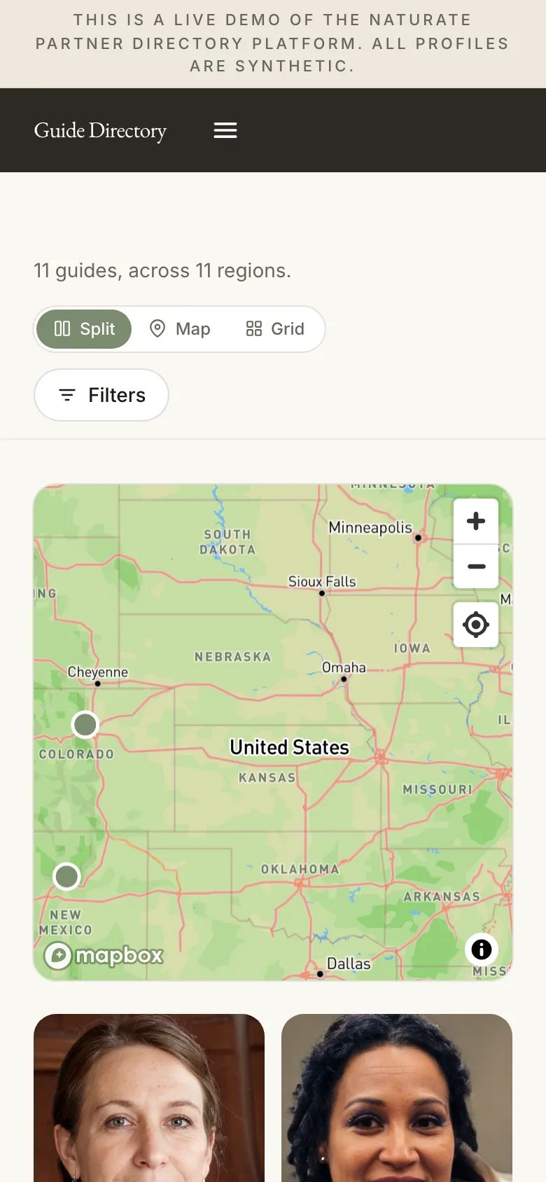 The same partner directory on a phone, with a map of guides above their profile cards.