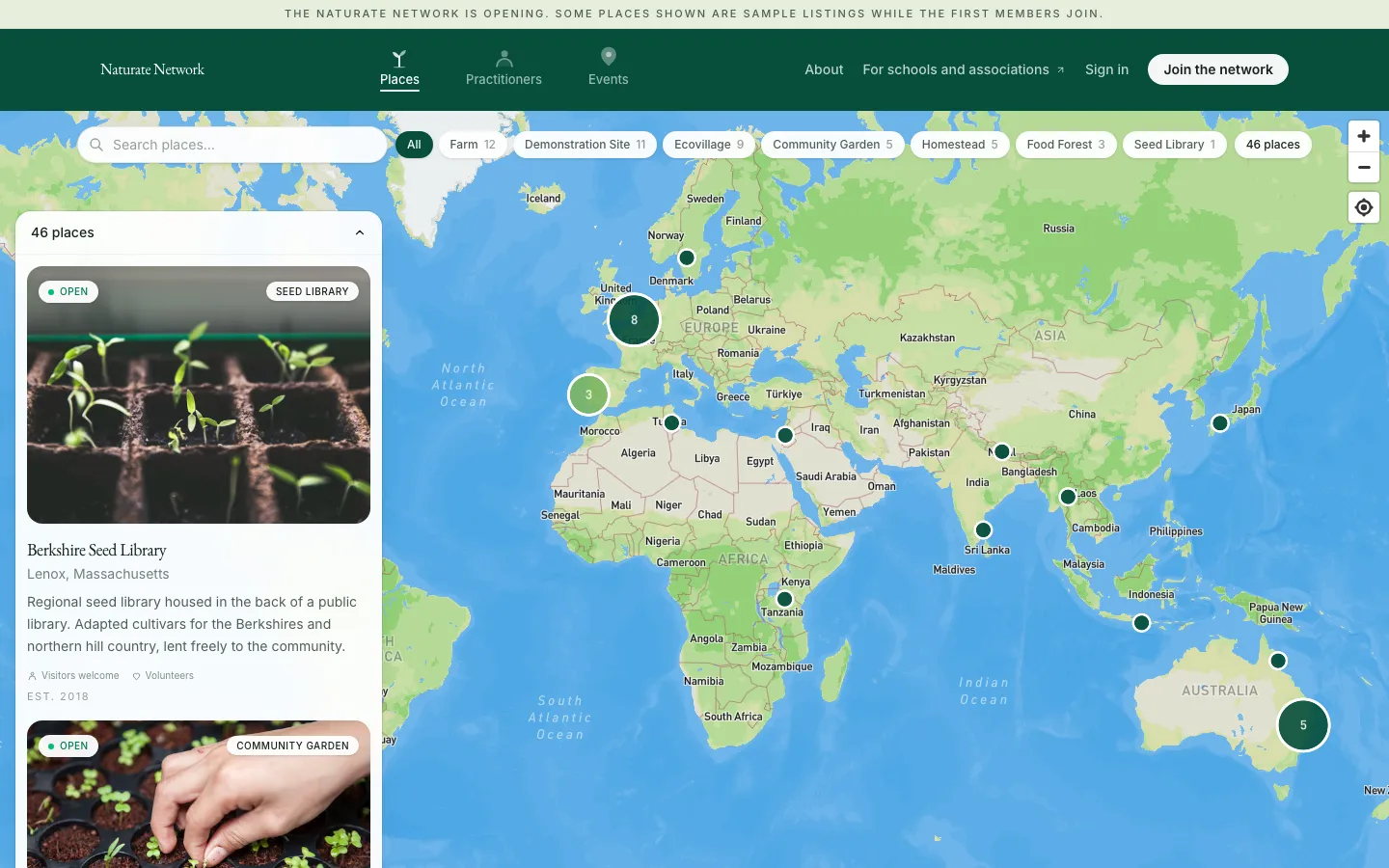 The Naturate Network home page: a world map of places in the network with filters for farms, demonstration sites, ecovillages, community gardens, homesteads, food forests and seed libraries, beside a list of 46 places.