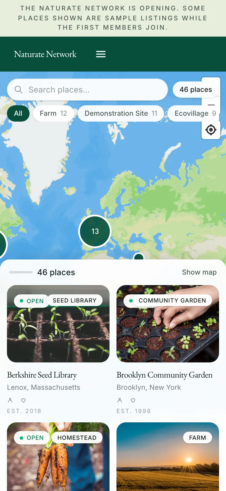 The Naturate Network on a phone: a map of places above cards for a seed library, a community garden, a homestead and a farm.