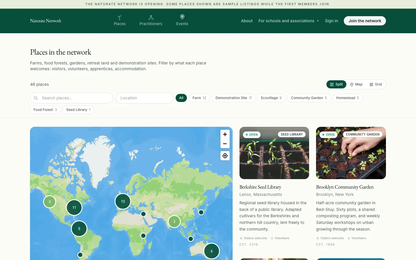The places page of the Naturate Network: a world map of clustered places beside cards for Berkshire Seed Library and Brooklyn Community Garden, with filters by type of place.