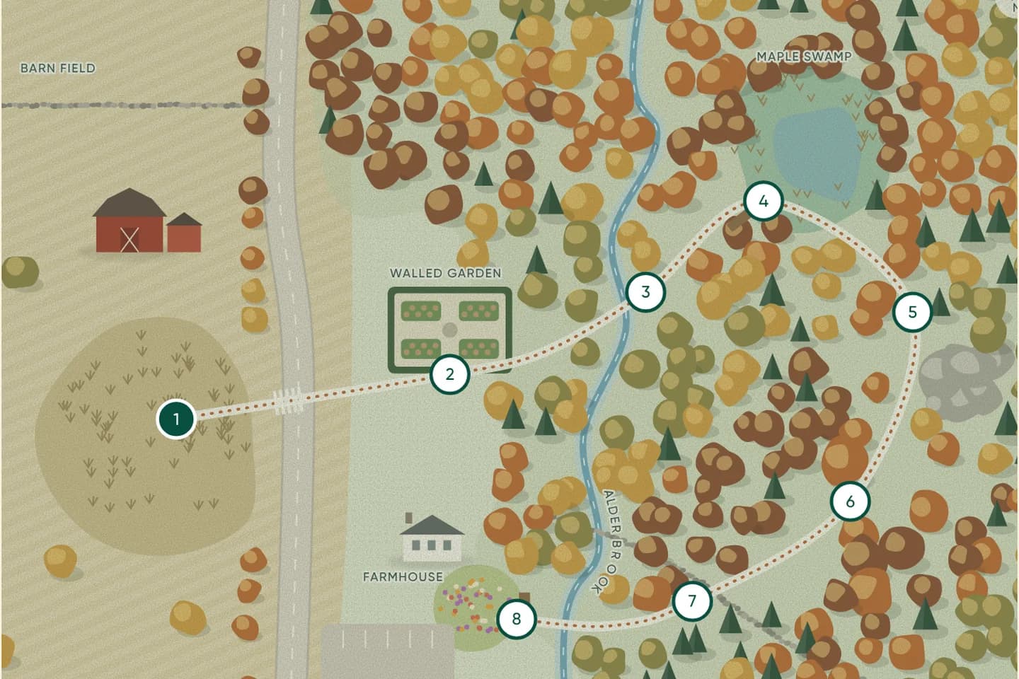 Brightwater Farm: an illustrated farm map with eight numbered trail posts.