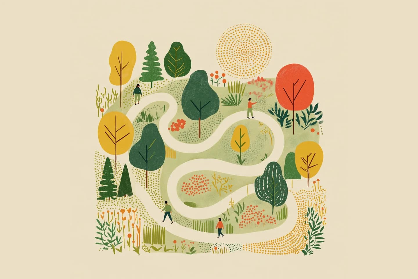 Illustration of a winding path through a park, with trees, flower meadows and people walking.