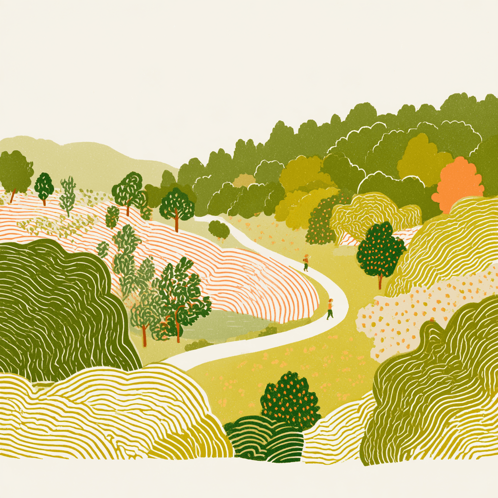 An illustrated orchard with winding paths and places to explore.
